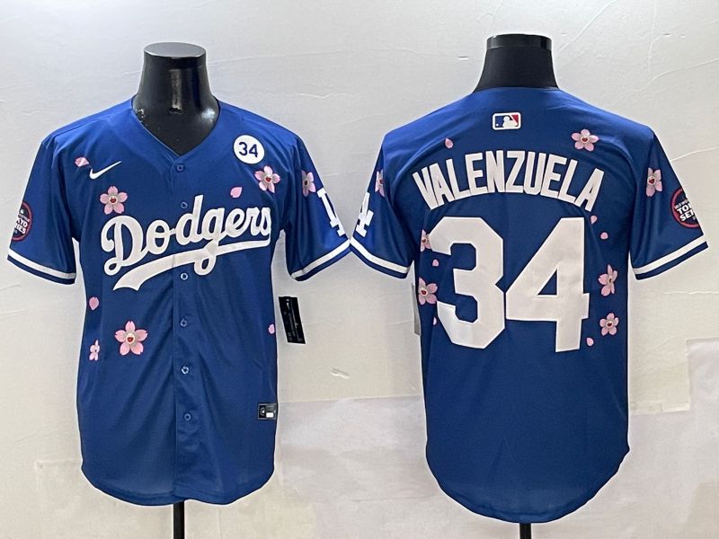 Men Los Angeles Dodgers #34 Valenzuela Blue Sakura Edition 2025 Nike MLB Jersey style 7